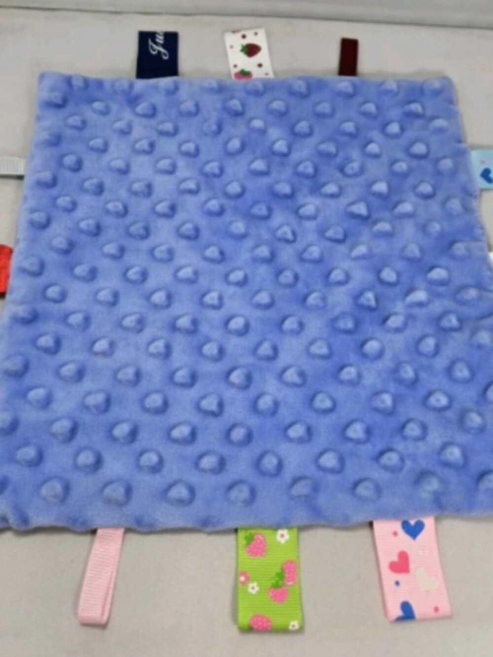 Blue Lovey Soft Baby Toy Security Blanket Tag Ribbon Loops Soothing Strawberries